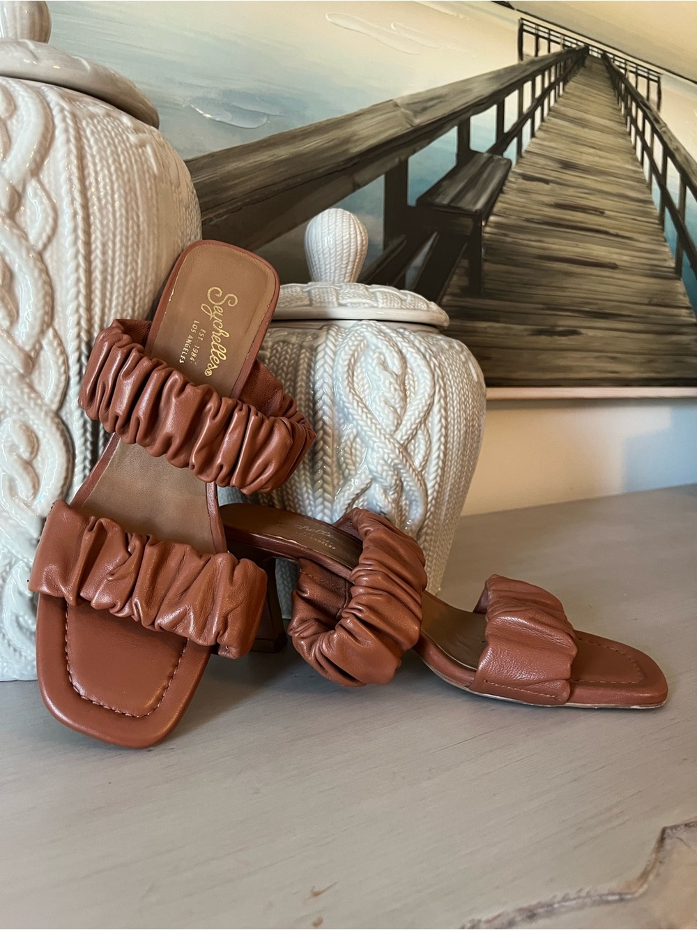 Seychelles Ruched Double-Strap Slide Sandals in Cognac